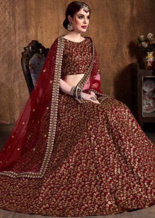 Maroon Zari Embroidered Bridal Lehenga Online Shopping