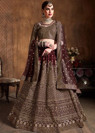 Shop Maroon Embroidered Bridal Designer Indian Lehengas Online