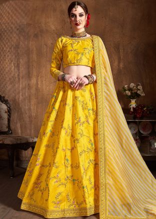 Embroidered Yellow Lehenga Choli With Printed Dupatta