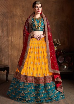 Yellow and Green Embroidered Lehenga Choli