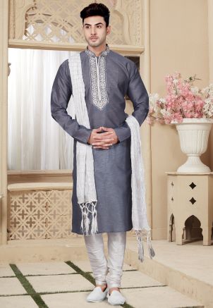 Mens Indian Clothing - Buy Grey Art Dupion Indian Kurta Pyjama Online USA