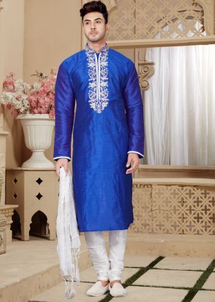 Royal Blue Art Dupion Kurta Pyjama Set