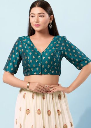 Teal Blue Color Brocade Saree Blouse 