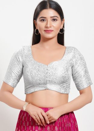 Silver Color Brocade Saree Blouse 