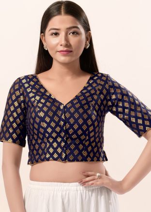 Navy Blue Color Brocade Saree Blouse 