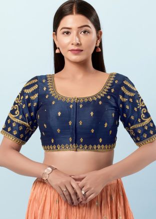 Navy Blue Color Dupion Silk Saree Blouse 