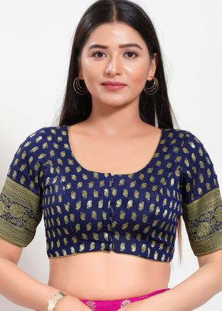 Navy Blue Color Brocade Saree Blouse 