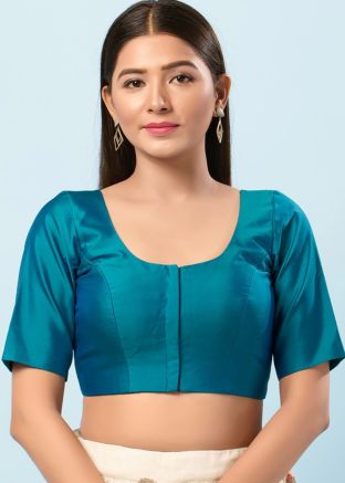 Teal Blue Color Brocade Saree Blouse 