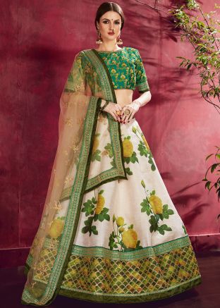 White and Green Floral Print Lehenga Choli With Dupatta
