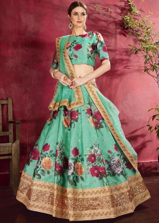 Turquoise Floral Print Lehenga Choli With Dupatta