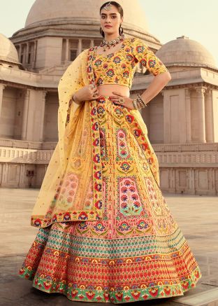 Multicolor Zari Embroidered Lehenga Choli In Art Silk