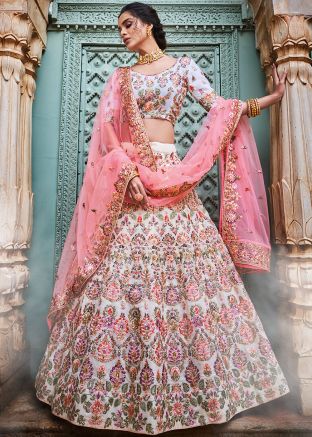 Buy Embroidered Off White Lehenga Choli Online With Dupatta USA