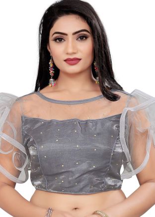 Grey Embroidered Blouse In Satin