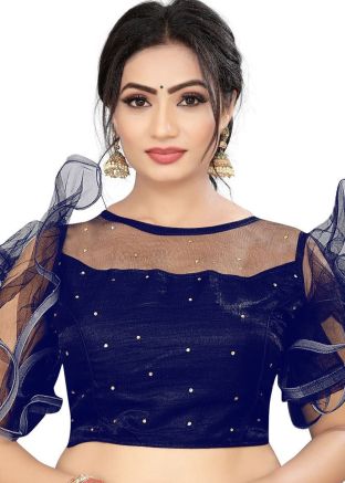 Blue Stone Work Blouse In Satin