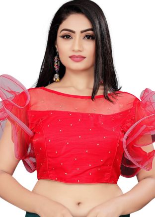 Red Stone Work Blouse In Satin