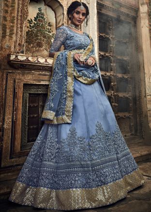 Blue Thread Embroidered Lehenga Choli With Dupatta