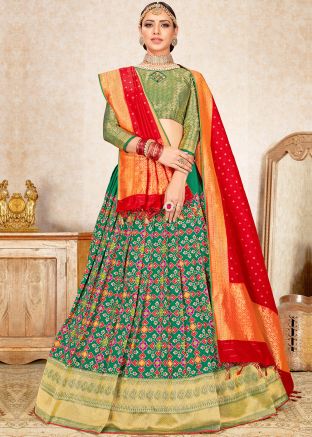 Green Silk Woven Lehnega Choli With Dupatta