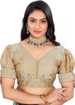 Golden Embroidered Blouse In Organza