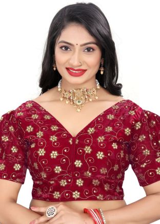 Red Embroidered Blouse In Organza