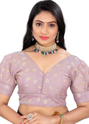 Purple Embroidered Blouse In Organza