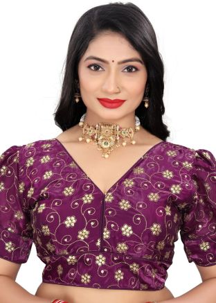 Purple Embroidered Blouse In Organza