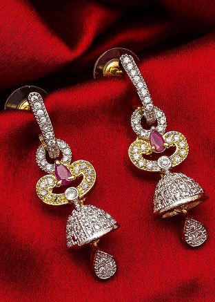 American Diamond Studded Silver and Pink Earrings