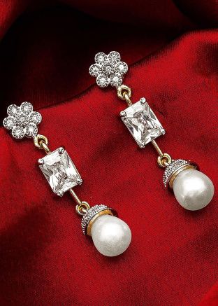 American Diamond Studded Pearl Silver Earrings
