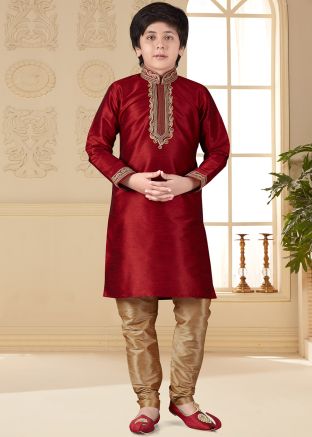 Red Embroidered Readymade Kids Kurta Churidar Set