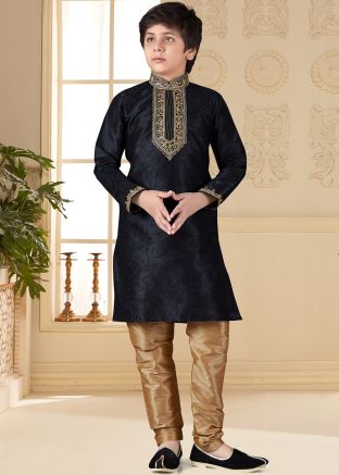 Black Embroidered Art Silk Kids Kurta With Churidar