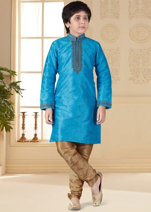 Blue Art Silk Embroidered Kids Kurta Churidar Set