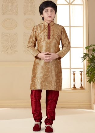 Golden Embroidered Kids Kurta With Churidar