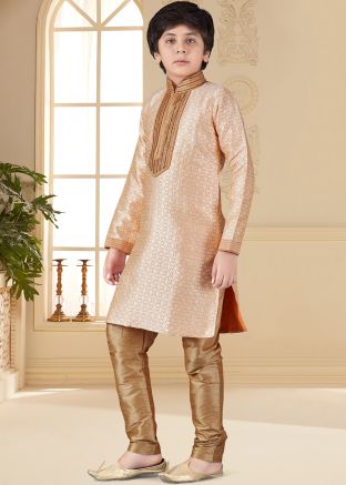 Peach Woven Readymade Kids Kurta With Churidar