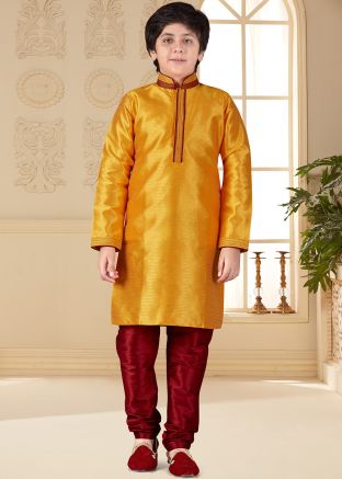 Yellow Straight Cut Art Silk Kurta Churidar Set