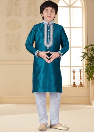 Blue Readymade Art Silk Kids Kurta Churidar Set