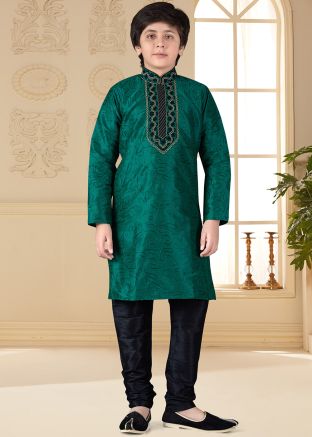 Green Embroidered Kids Kurta Churidar Set
