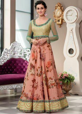 Readymade Pink Floral Digital Print Silk Gown