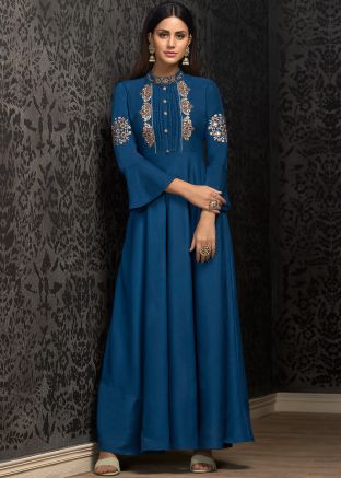 Buy Blue Bell Sleeved Readymade Long Indian Gowns Online for Party