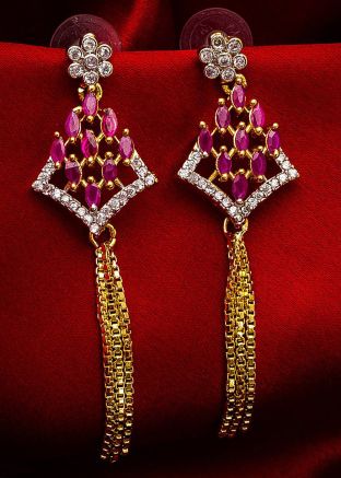 American Diamond Studded Silver Pink Dangler Earrings