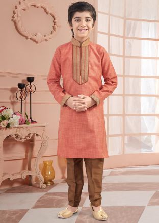 Readymade Peach Art Silk Kids Kurta Pajama Set