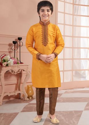 Yellow Embroidered Kids Kurta Pajama Set