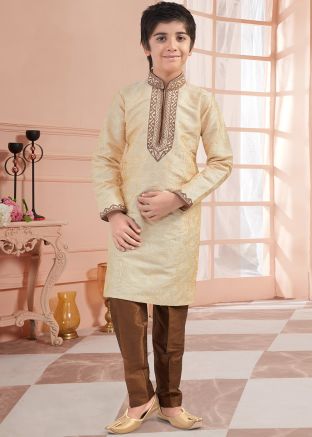Cream Embroidered Art Silk Kids Kurta Pajama Set
