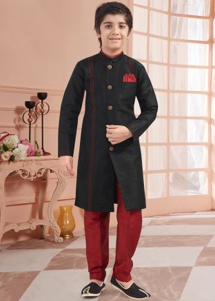 Black Art Silk Readymade Kids Sherwani Pajama Set
