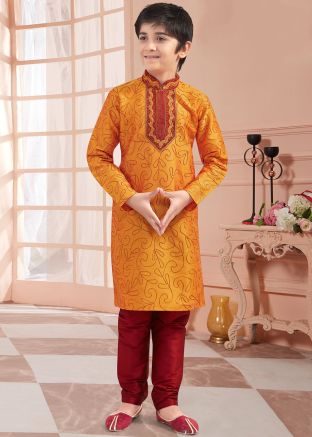 Orange Embroidered Kids Kurta Churidar Set