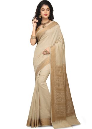 Cream Pure Banarasi Pure Silk Sarees Online With Blouse