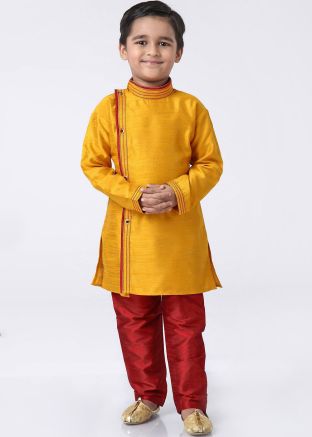 Readymade Yellow Dupion Silk Kids Kurta Churidar Set