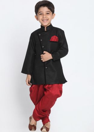 Readymade Black Dupion Silk Kids Sherwani With Dhoti
