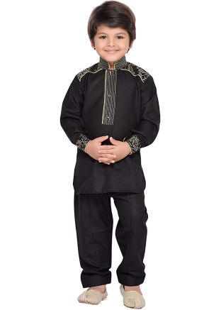 Black Readymade Cotton Kids Pathani Suit