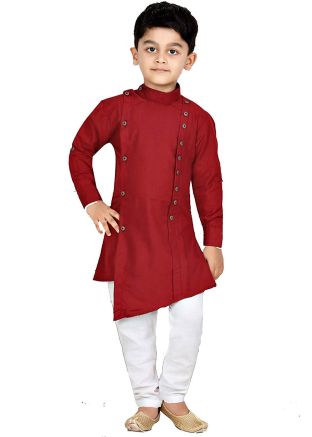 Maroon Readymade Asymmetric Kids Kurta Pajama Set
