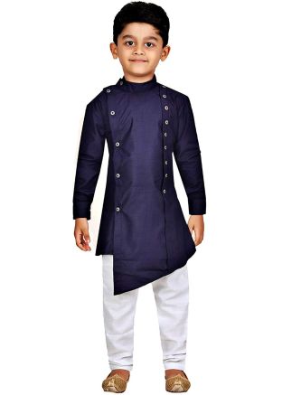 Navy Blue Asymmetric Kids Kurta With Pajama