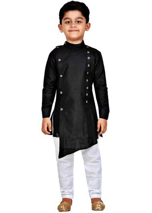 Black Readymade Asymmetric Kids Kurta Pajama Set